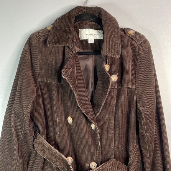 Weatherproof Corduroy Double Breasted Belted Trench Coat Jacket brown lined M - Picture 2 of 13